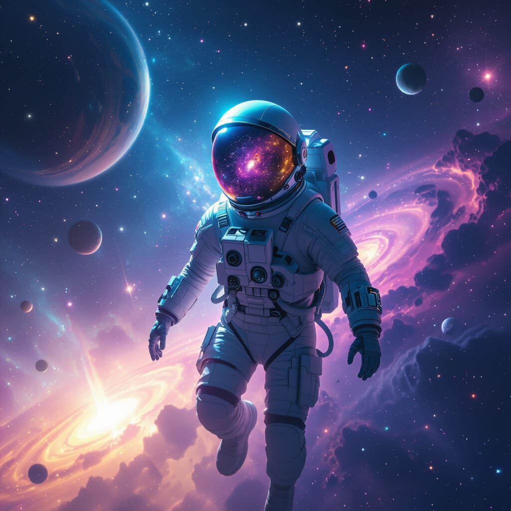 Futuristic Astronaut in Deep Space with Galaxy Reflections