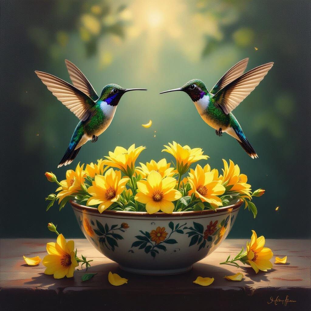 Hummingbirds Among Yellow Flowers in Oil Painting Style