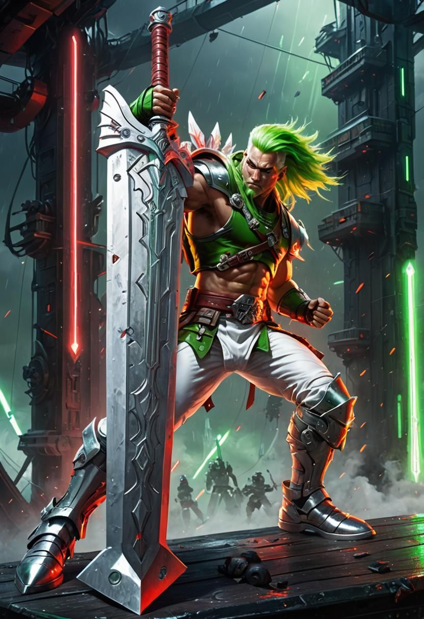 Futuristic Saxon Barbarian on Spaceship Deck Art