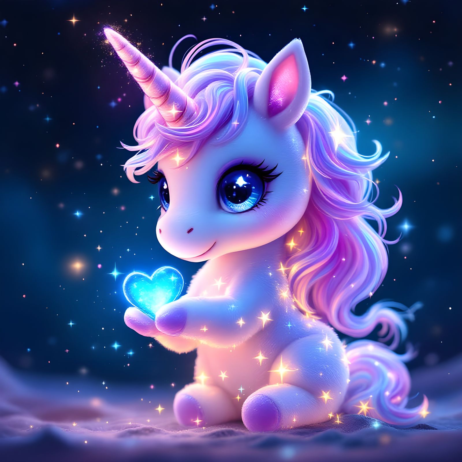 Whimsical Glowing Unicorn Chibi in a Starry Night