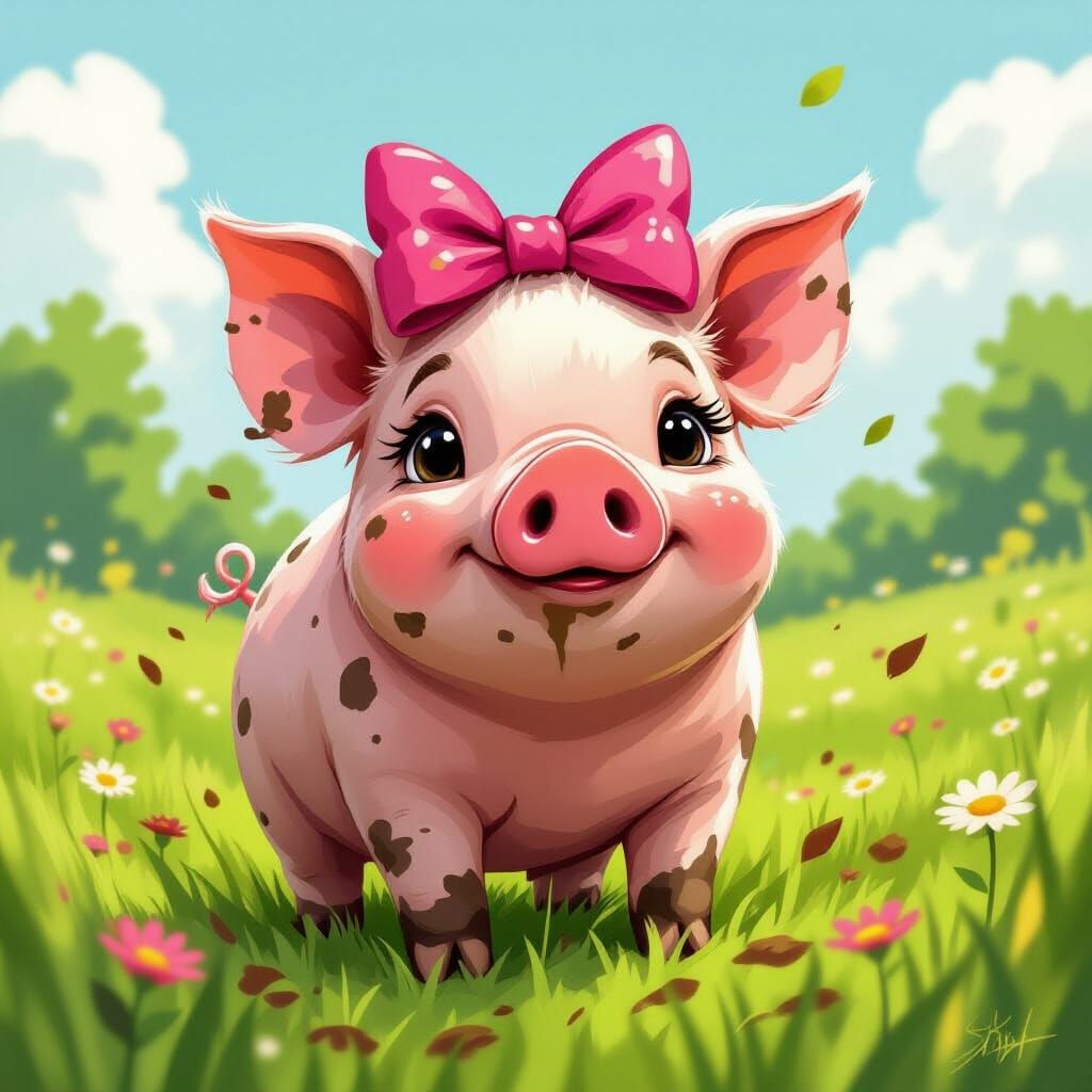 Cartoon Piglet Covered in Mud with Pink Bow