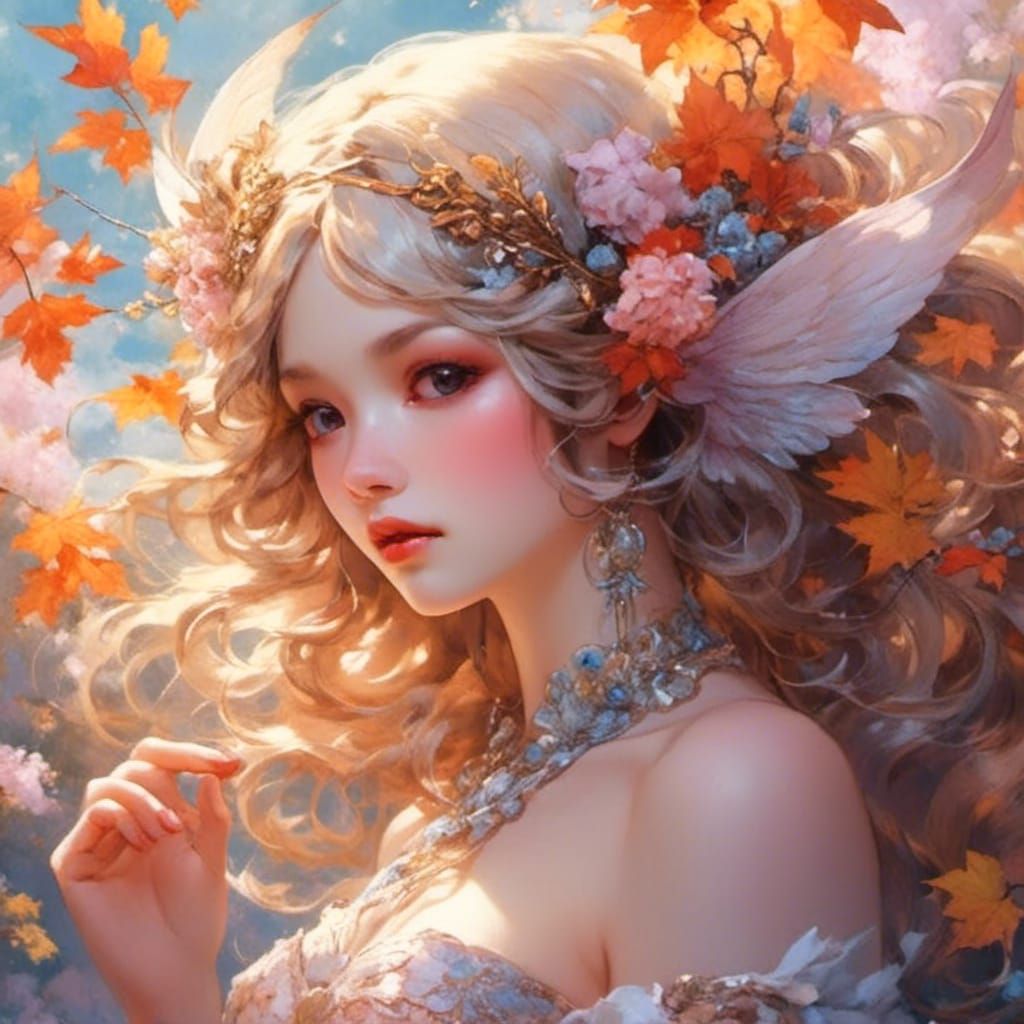 Japanese Autumn Fairy in Watercolor Painting Style