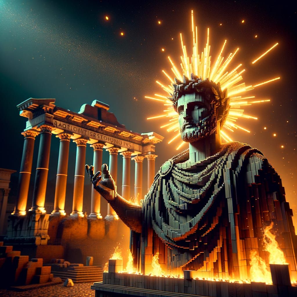 Sol Invictus Statue Ablaze in Pixel Art Style