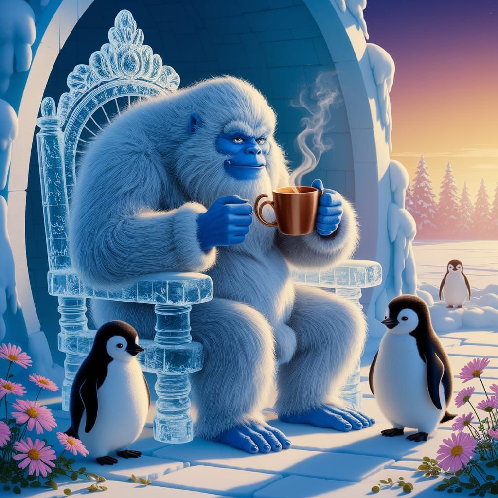 Majestic Yeti Sipping Coffee with Penguin Friends