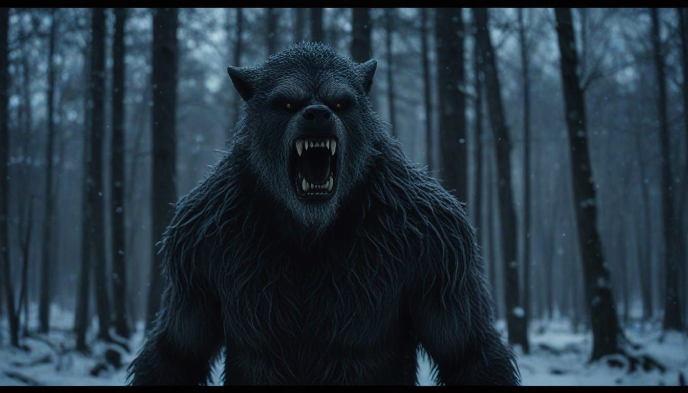 Werewolf in Snowy Forest, Cinematic Film Still