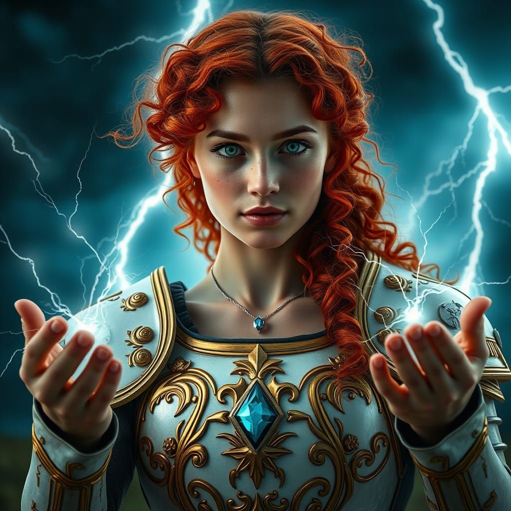 Ethereal Warrior with Radiant Aura, Stormy Background