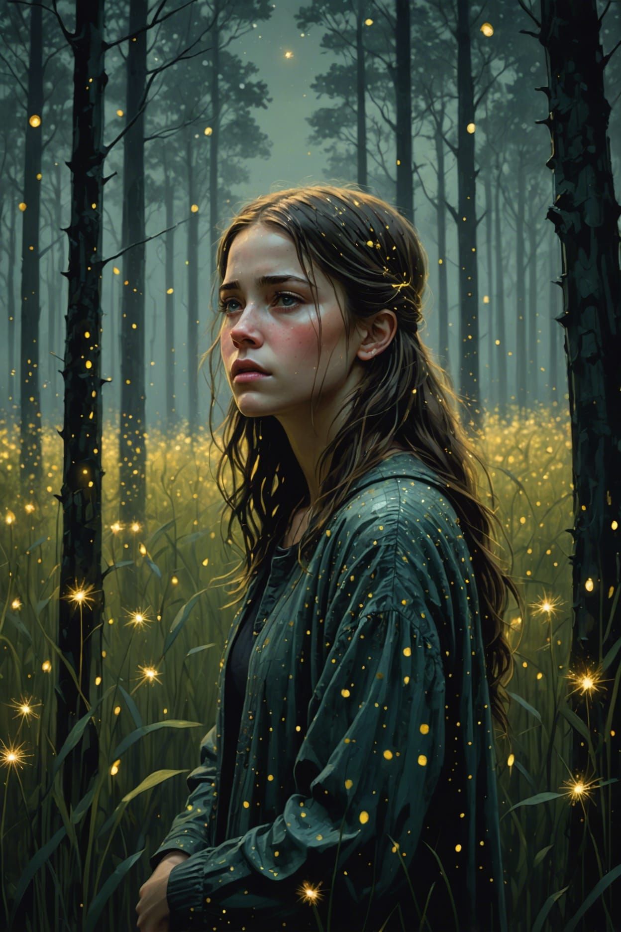 Crying Girl in Firefly Forest: Fantasy Art
