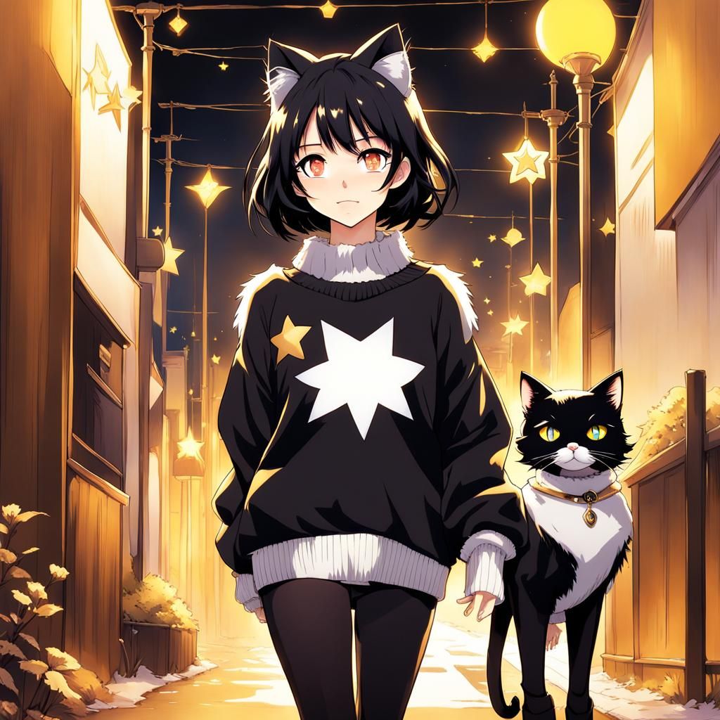Girl and Cat in Matching Anime Outfits