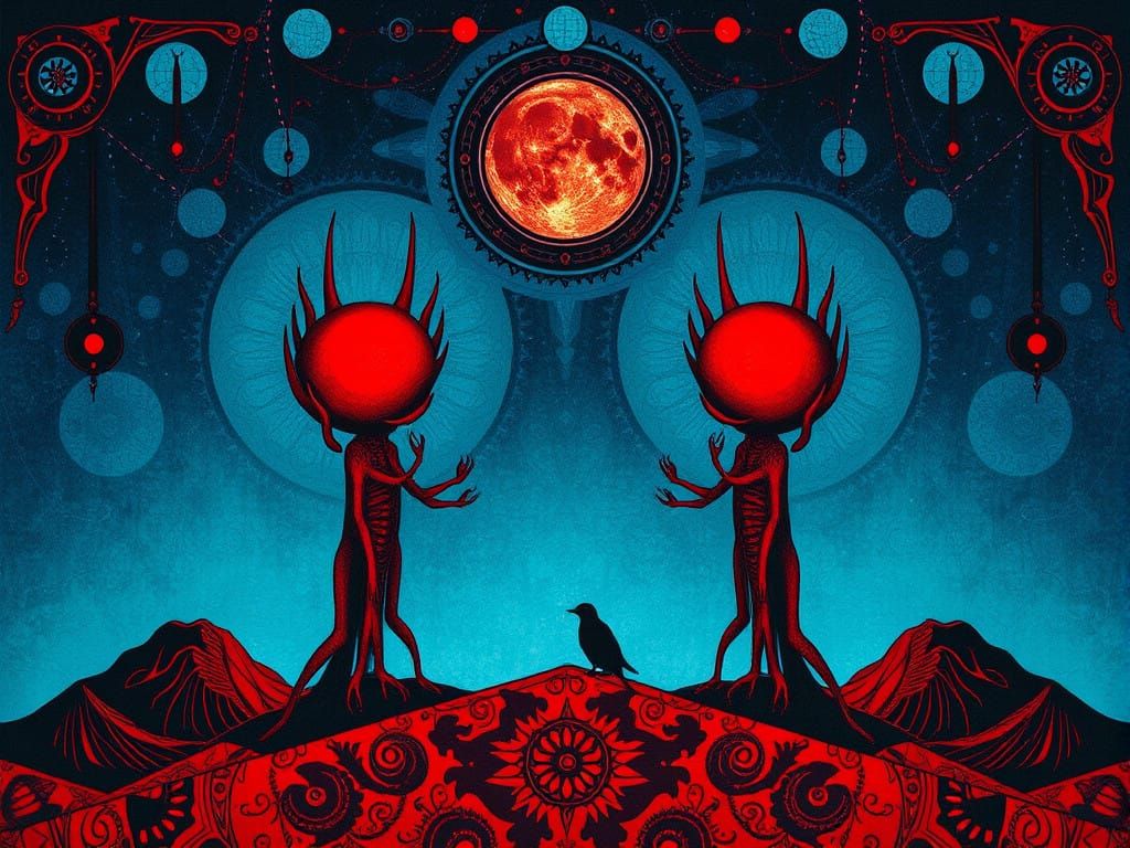 Ethereal Azure Brocade Art in Charming Crimson