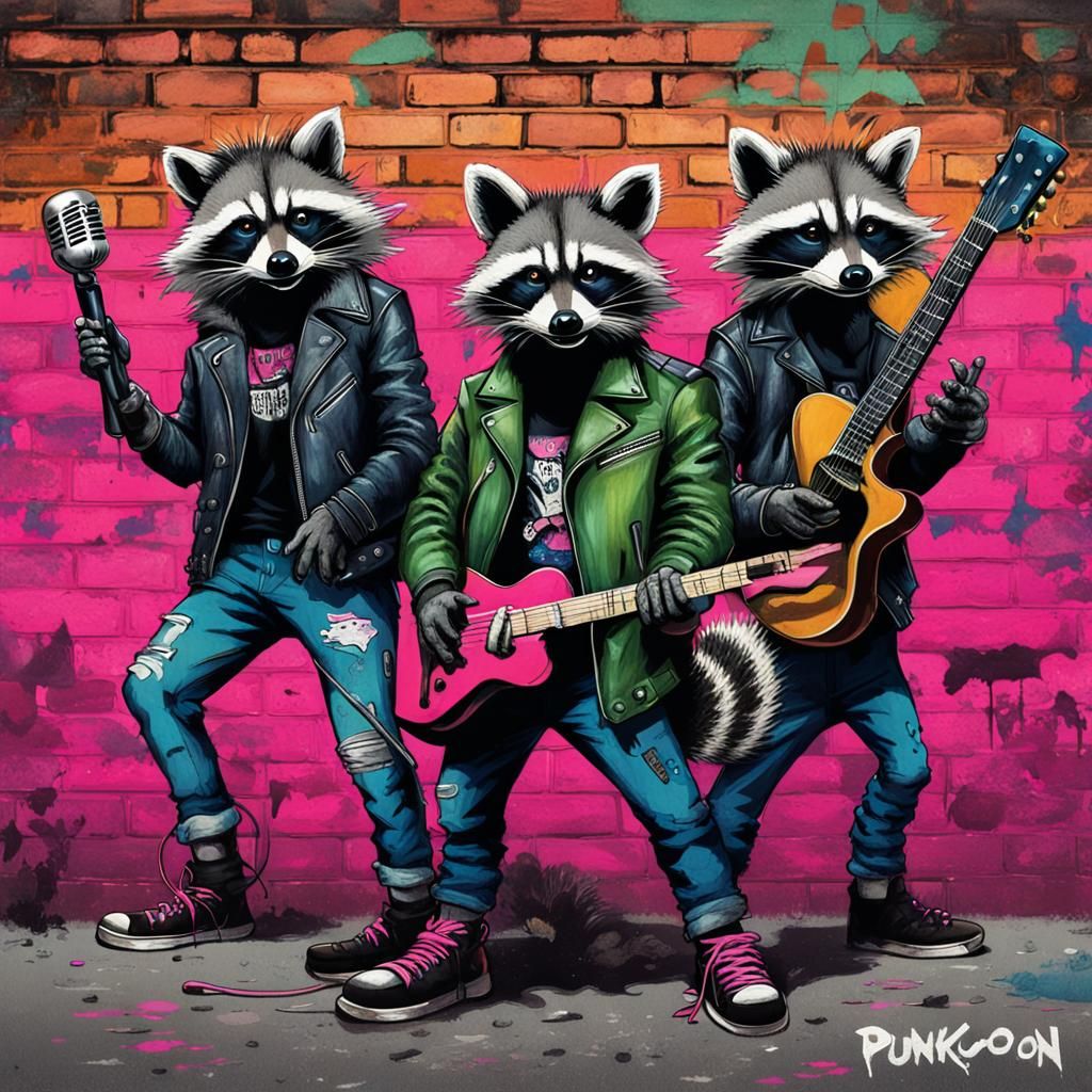 Raccoon Punk Band Album Cover in Gritty Style