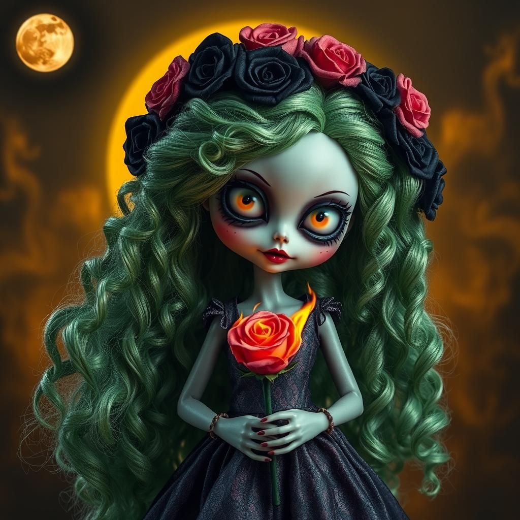 Spooky Doll with Burning Rose in Fantasy Art