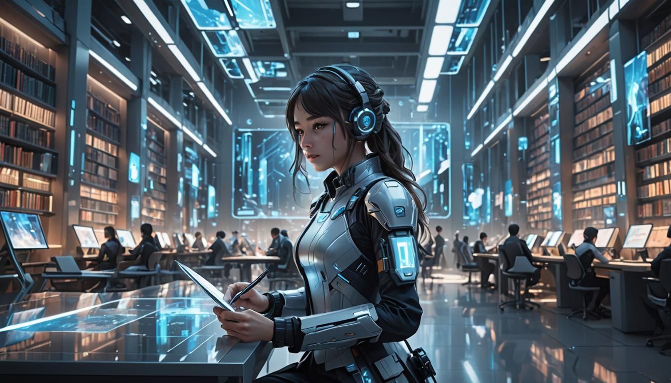 Futuristic Library: Girl Studying in High-Tech Setting