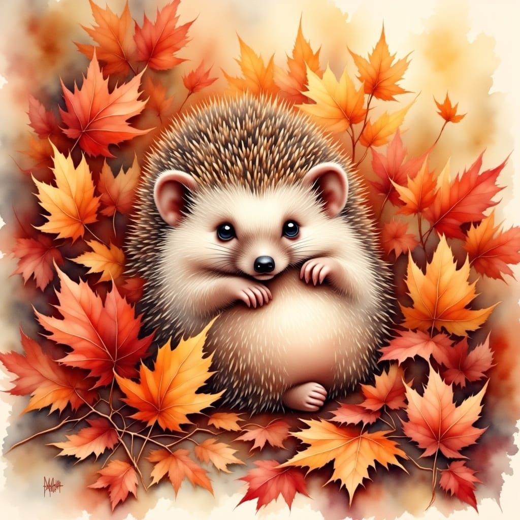 Adorable Hedgehog in Autumn Leaves Watercolor Painting