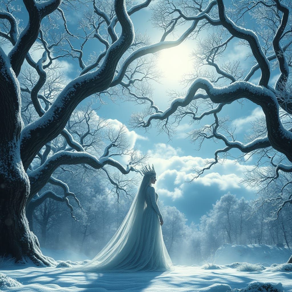 Ethereal Queen in Snowy Enchanted Forest Landscape