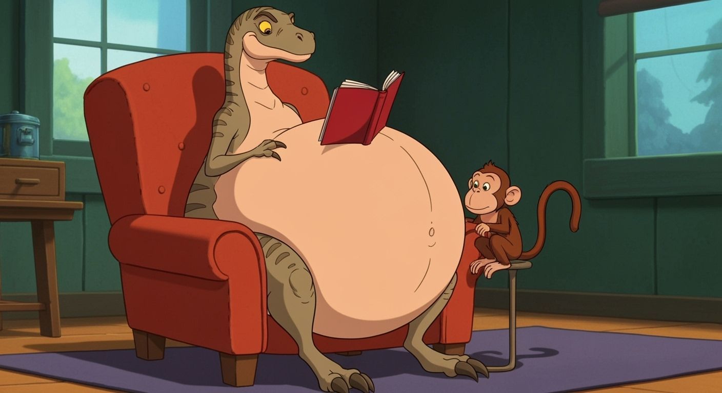 Pregnant Velociraptor Reads to Monkey in 90s Animation Style