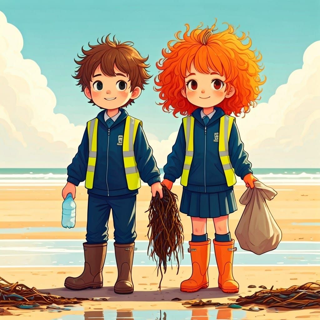 Children Cleaning Beach, Stylized Realism Art