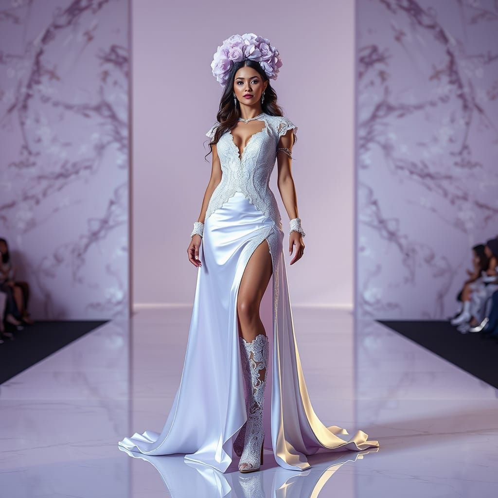 Hyper-Realistic Fashion Model in Lavender Satin Gown