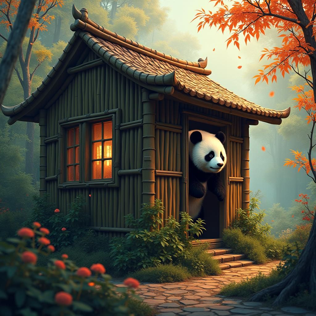 Panda in Bamboo House: Hyperrealistic Concept Art