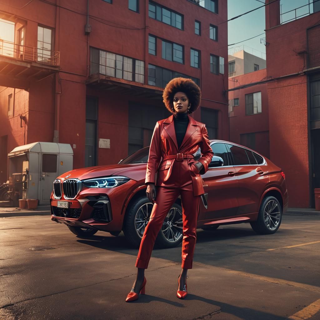 Elegant Woman in Red Leather Next to BMW X6