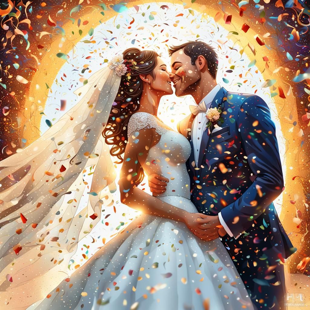 Bride and Groom Kissing in Confetti Shower