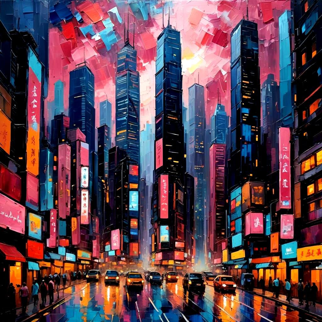 Hong Kong Night Cityscape in Expressionist Impasto Style