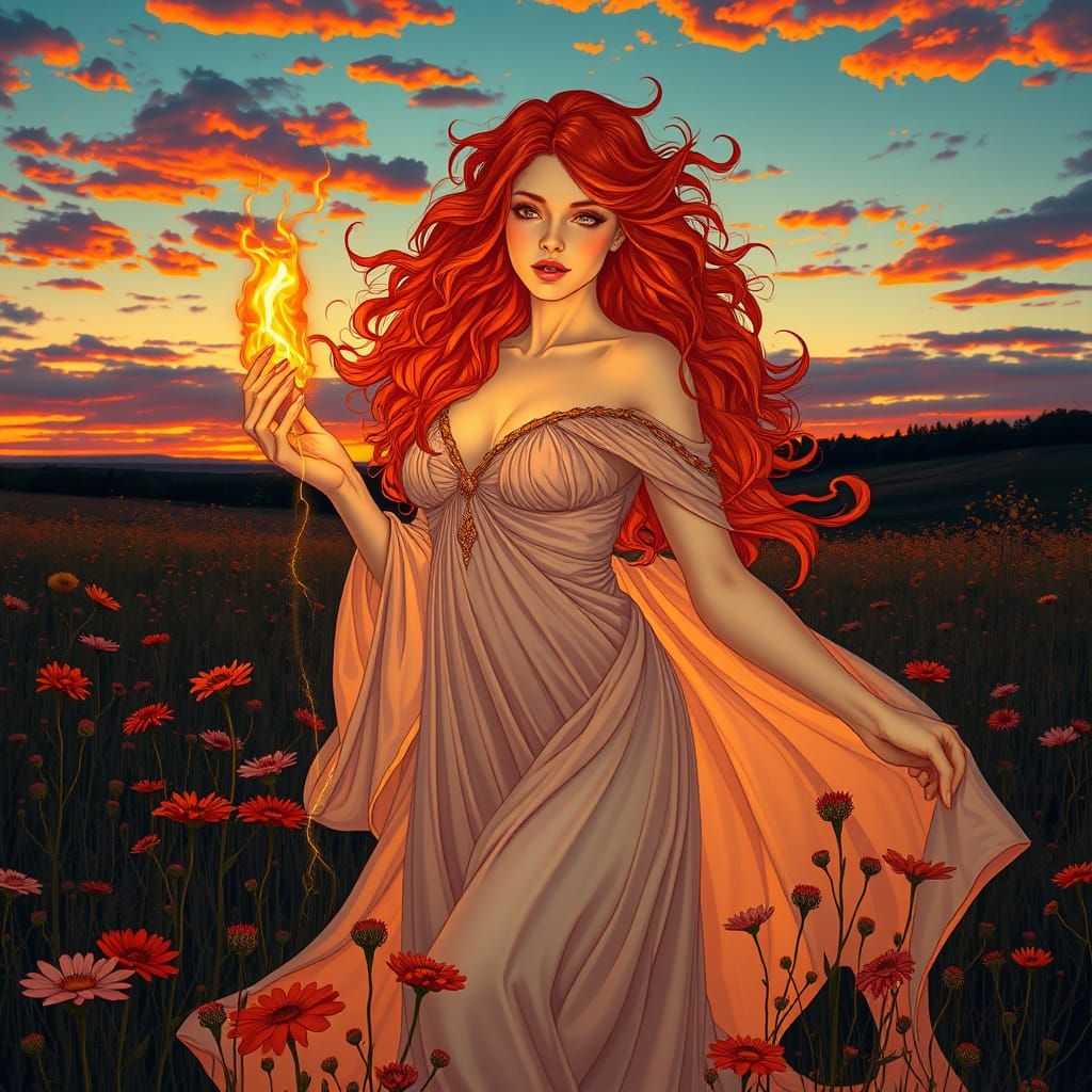 Fiery Woman in Wildflowers, Art Nouveau Style
