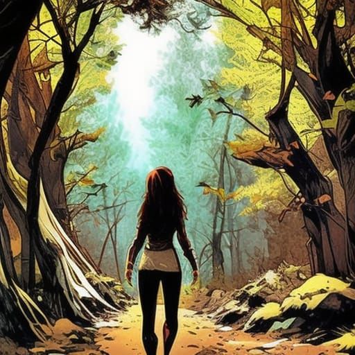 Girl Walking Through Forest in Comic Book Panels