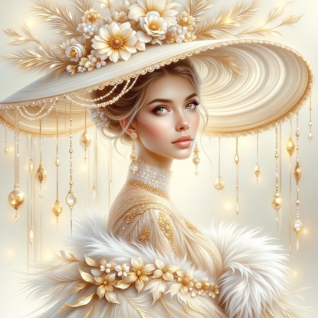 Elegant Woman in Floral Dress with Flower Hat