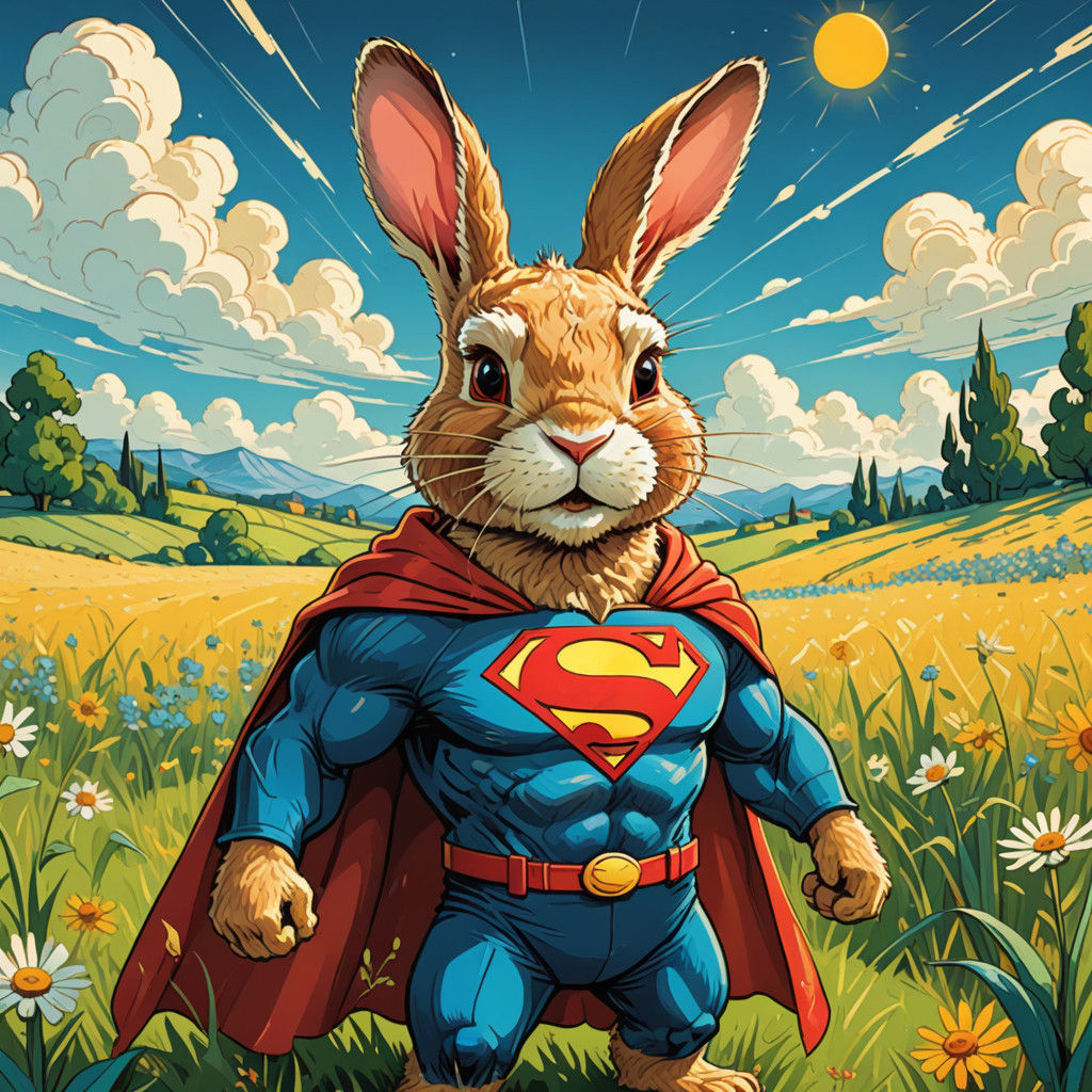 Vibrant Bunny Hero in a Sunny Meadow, in Bright Comic Book S...