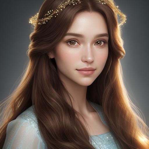 Ethereal Princess Portrait with Flowing Chestnut Hair