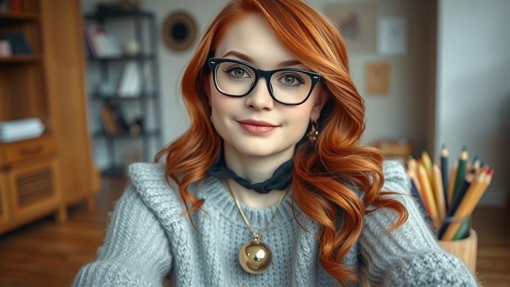 A 30 year old woman with glasses  sits in a room characterized by a warm, inviting atmosphere, illuminated by soft, diff...
