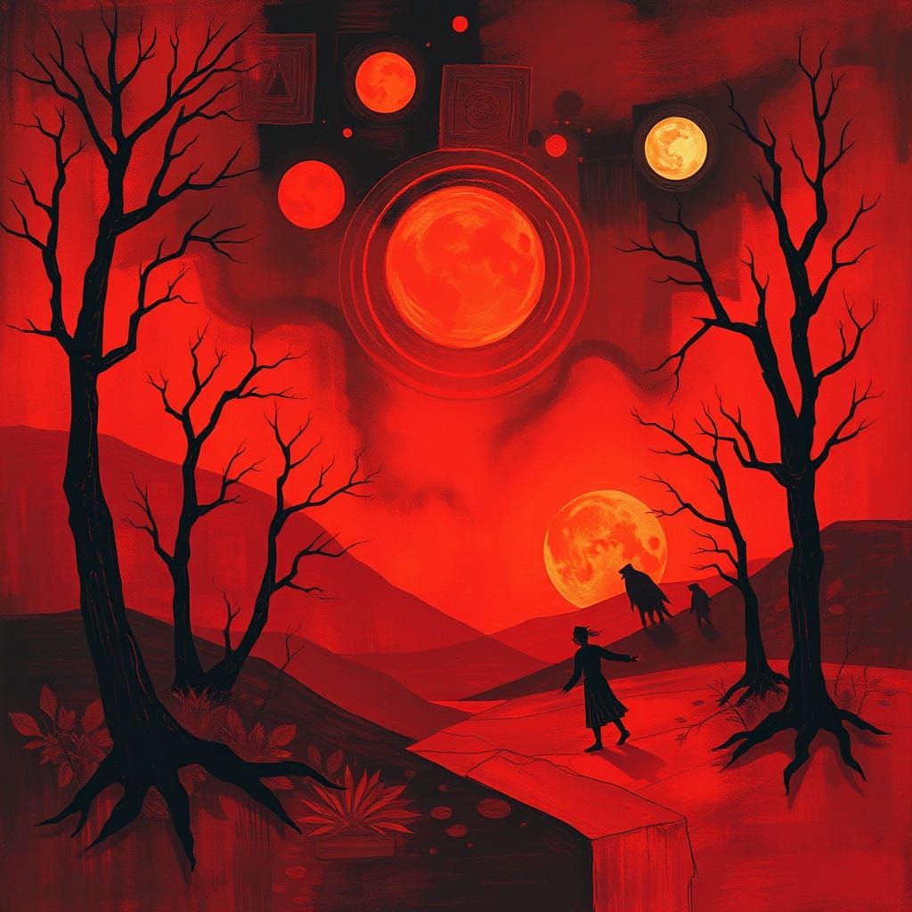 Whimsical Dreamscapes in Vibrant Crimson and Burgundy