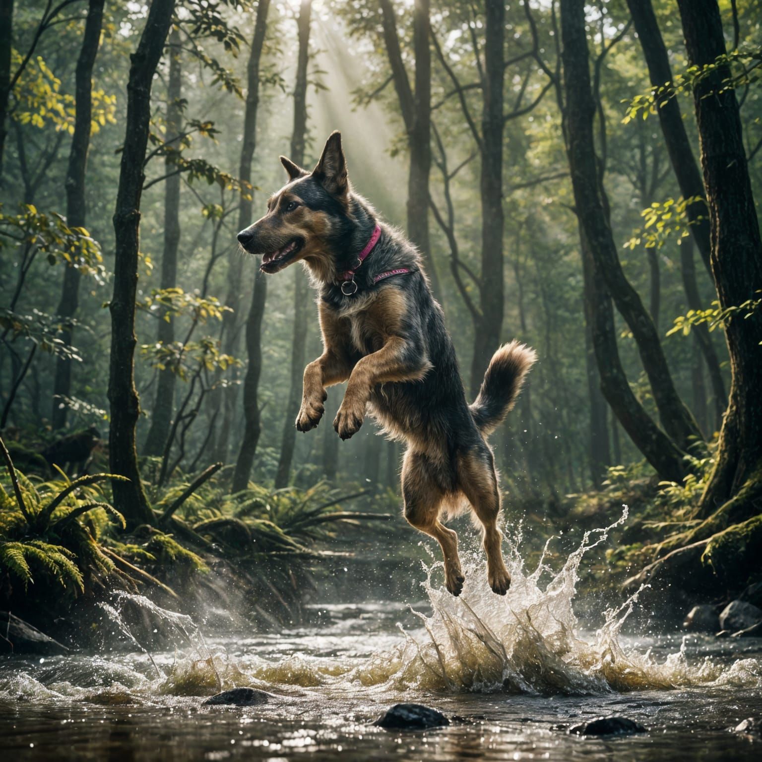 Dog Leaping Across Creek: Cinematic Forest Action