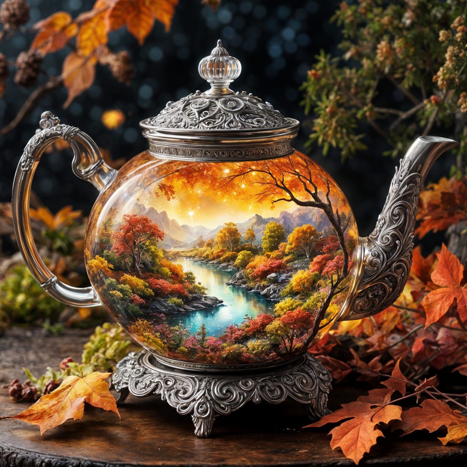Starlit Autumn Landscape Flowing From Teapot