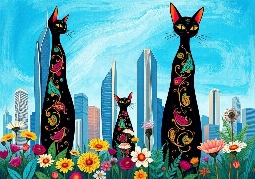 Dreamlike Cityscape: Art Nouveau Cats and Abstract Skyscrape...