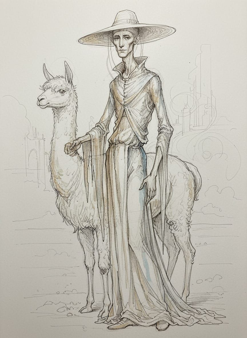 Thin Man and Alpaca Half-Finished Drawing with Fine Lines