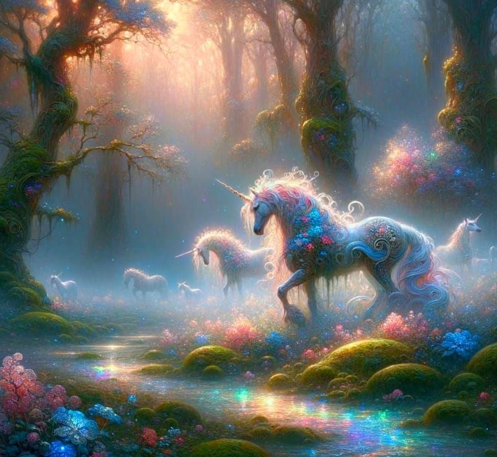 Ancient Forest Unicorns Emerge in Morning Mist