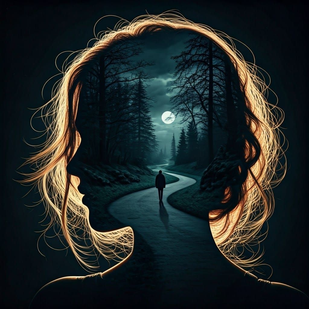 Silhouette Woman Contemplating a Lone Figure on a Moonlit Pa...