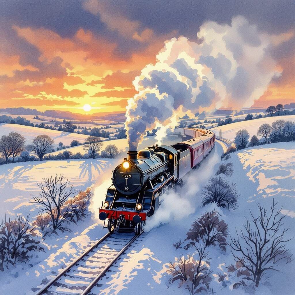 Fantasy Watercolour Train in Deep Sunset Snowscape