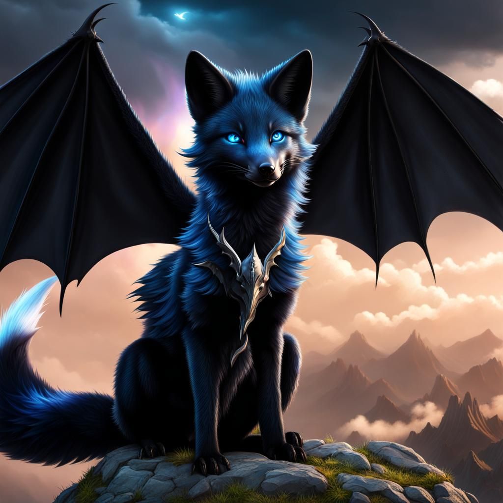 Dramatic Dragon Fox Hybrid in Stormy Skies