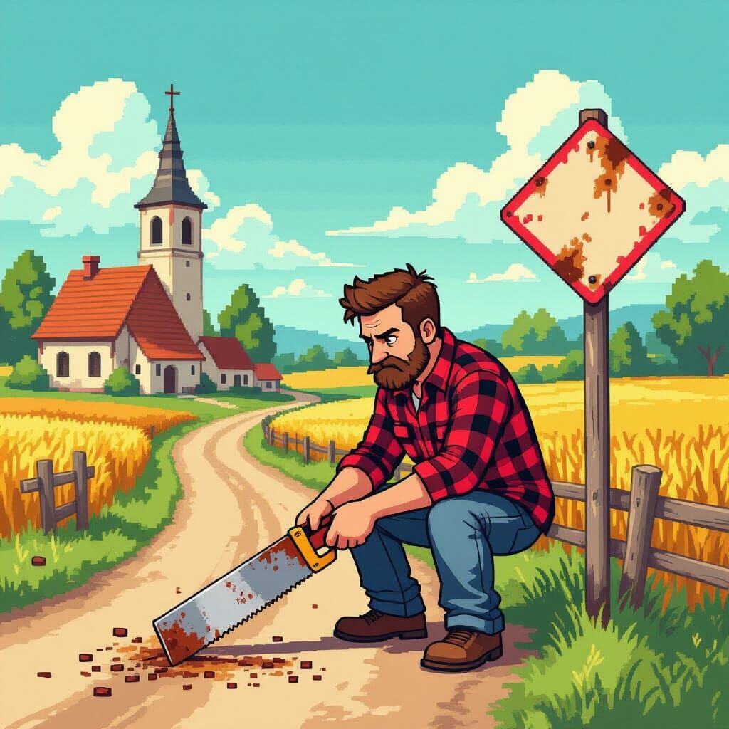 Pixel-Art Man Saws Road Sign in Poland