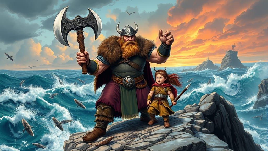 Viking Warrior Protecting Family, Comic Book Art