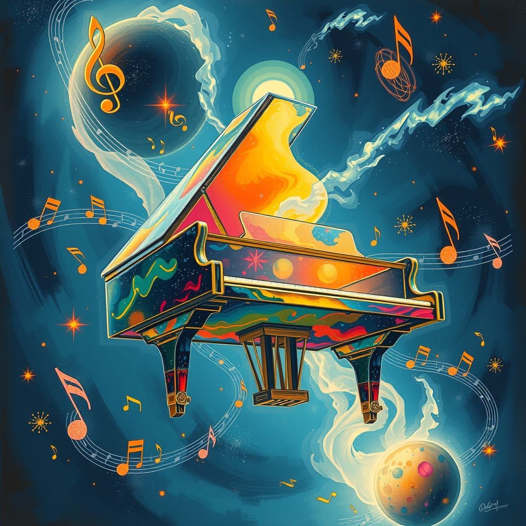 Cosmic Symphony: Glass Piano in a Galaxy Vortex