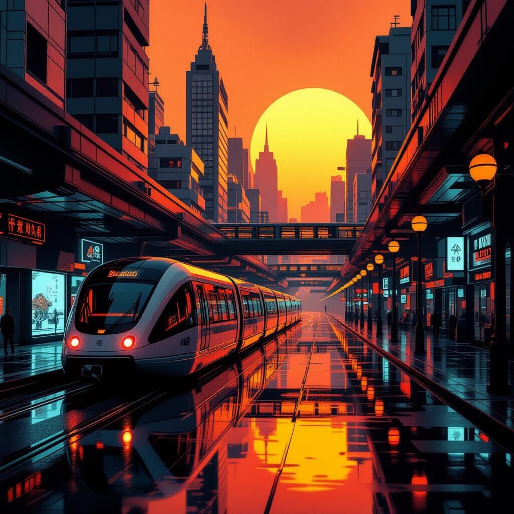 Retro-Futuristic City Street with Orange Glow