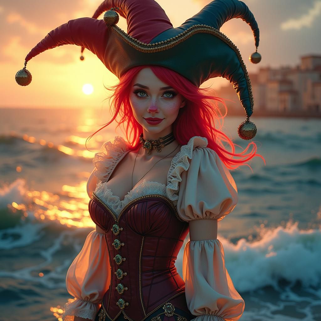 Clown Pirate Woman with Sunset Cityscape, Digital Art