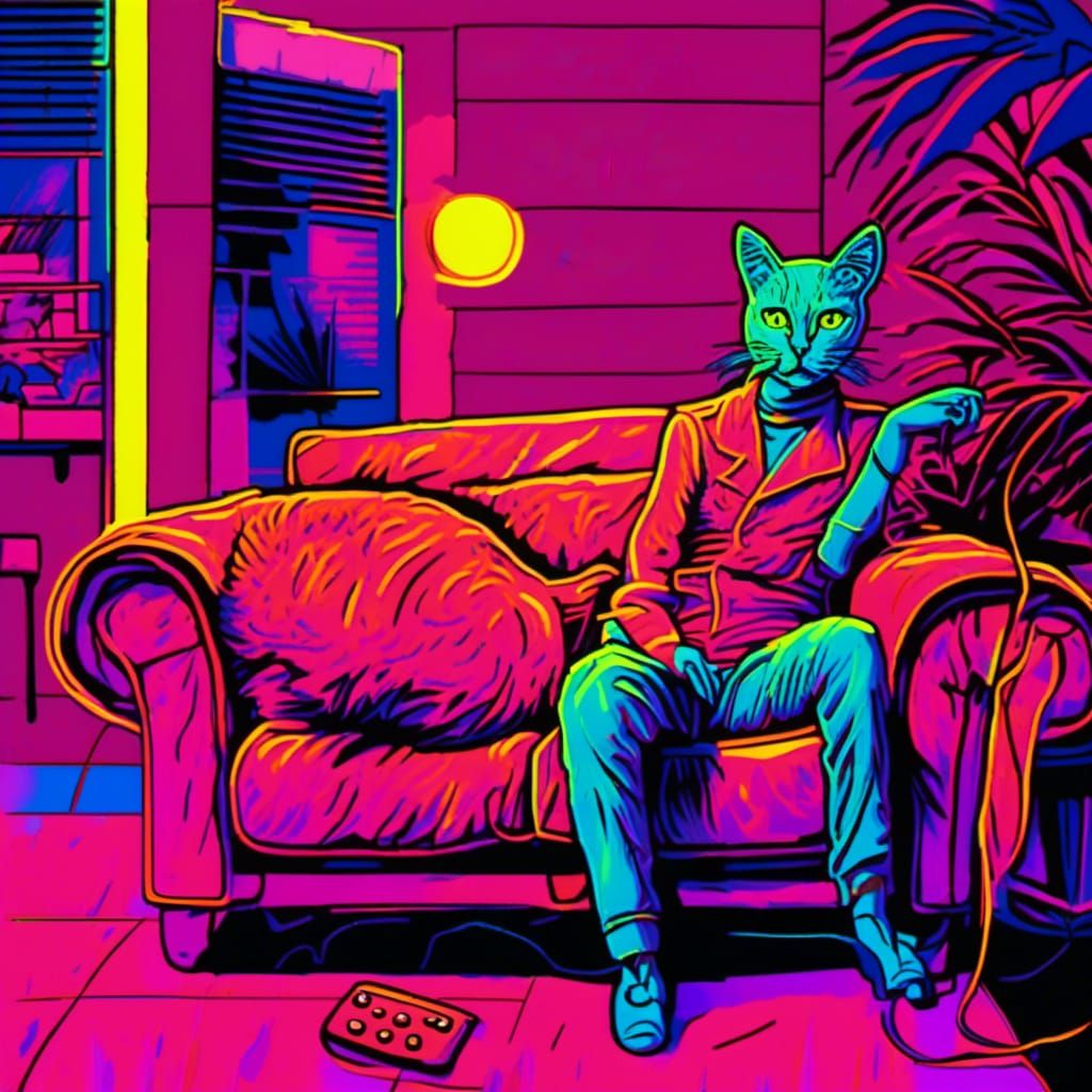 Neon Cat Watching TV in Eighties Impasto Style
