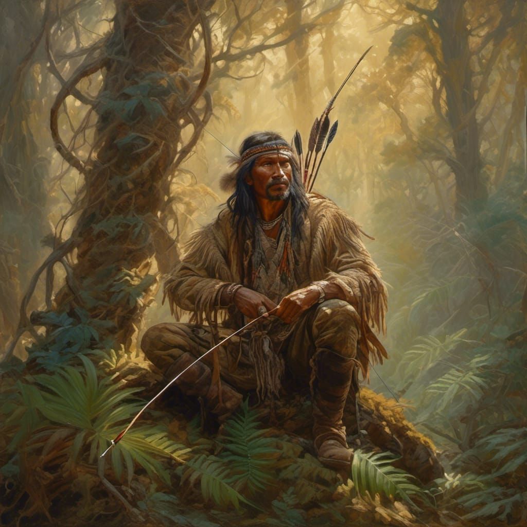 Apache Hunter in Misty Forest, Oil Painting Style
