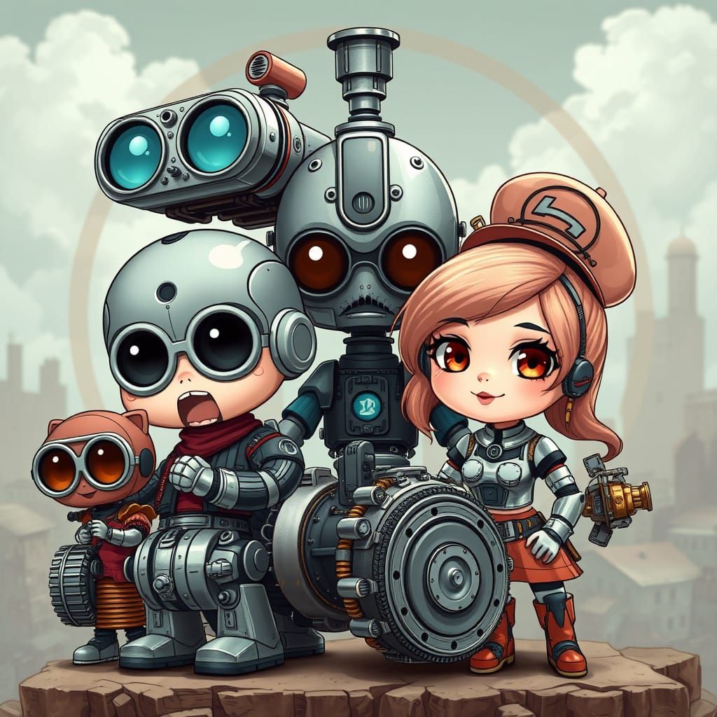 Chibi Steampunk Family Portrait in Intricate Detail