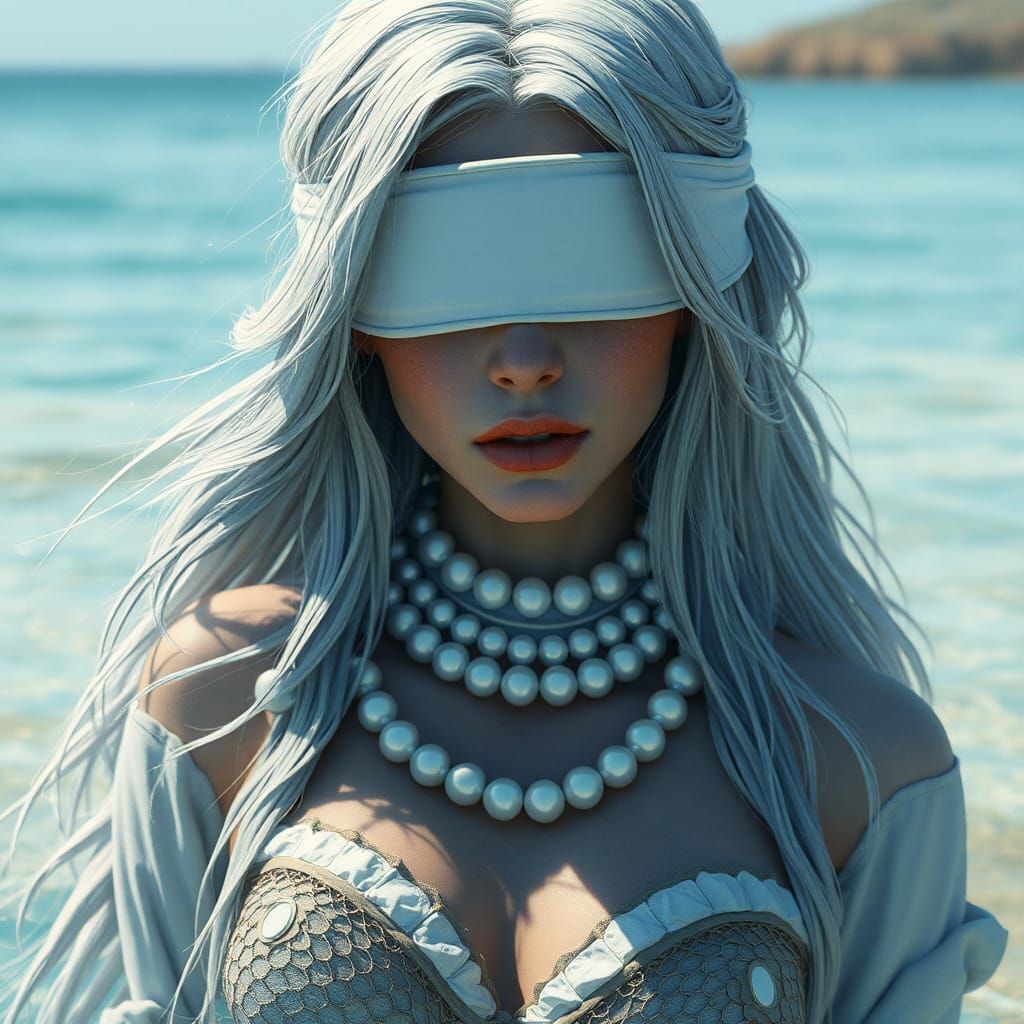 Blindfolded Mermaid on the Beach: Detailed Digital Painting