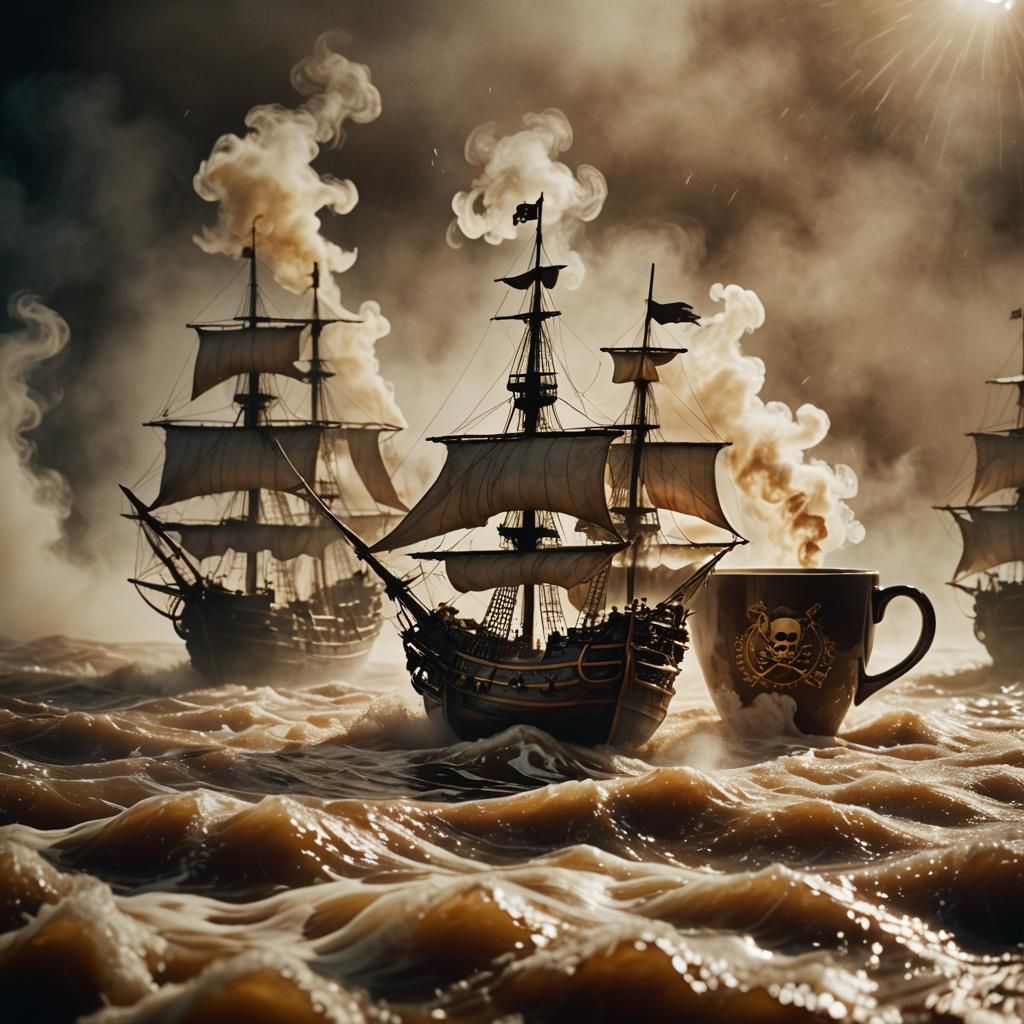 Pirate Ships Battle in Coffee Cup Sea